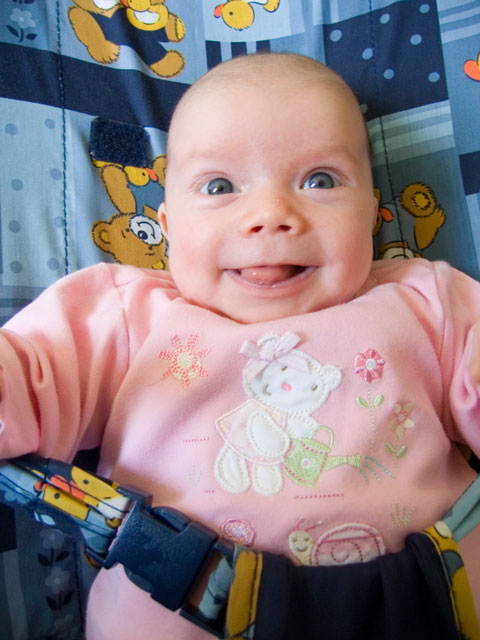 Big face in her bouncer