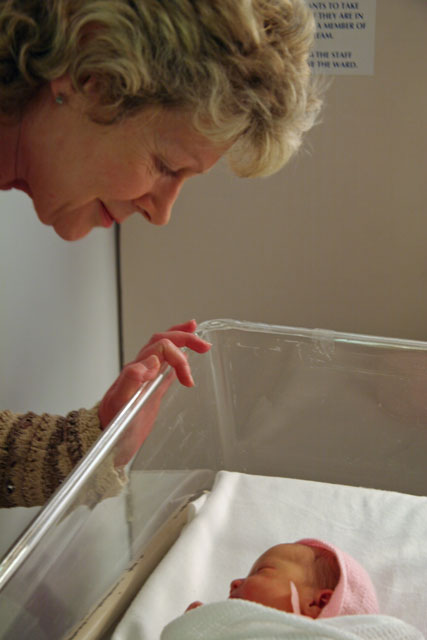 Nana Lesley peers at her granddaughter